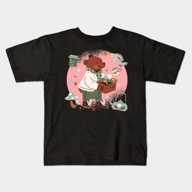 bear surrounded by autumn elements Kids T-Shirt by H K F